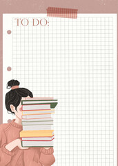 To-do list template. Back to school, study. Girl with a stack of books   - 448747223
