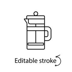 French press outline icon. Coffee equipment. Editable stroke. Isolated vector stock illustration