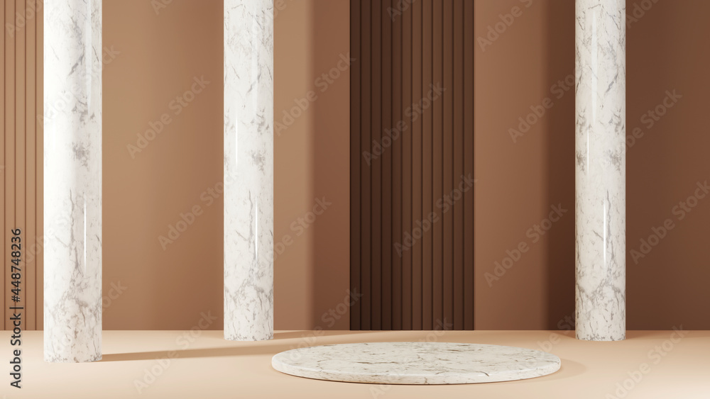 Poster 3d rendering of thin marble podium for placing products in brown tones and marble columns background