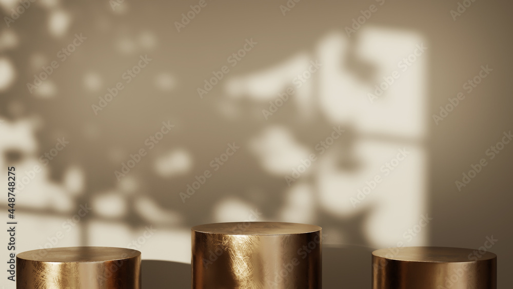 Poster 3d rendering of three metal podiums for placing items in a white room and a window shadow background
