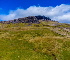An aerial view of the slopes leading to the Old Man of Storr on the Isle of Skye, Scotland on a summers day
