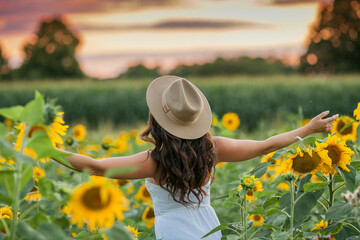 Portrait of a young beautiful woman with dark hair in a sunflower field at sunset. Happy. Summer.