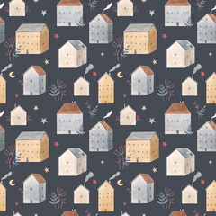 Beautiful winter seamless pattern with hand drawn watercolor cute houses. Stock illustration.