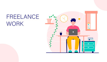 Home office landing page template. Happy man working on laptop in a beautiful room. Vector illustration.