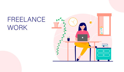 Home office landing page template. Happy woman working on laptop in a beautiful room. Vector illustration.