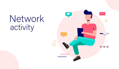 Network activity landing page template. Man with smartphones and social media icons. Vector Illustration of communication using the Internet, video, news, social networks, messages, website. 