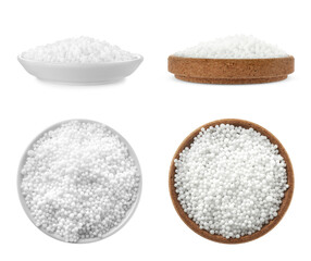 Set with ammonium nitrate pellets on white background. Mineral fertilizer