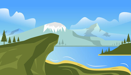 Summer Seascape, Cliff at Ocean Coast with Mountains and Little Islands, Vector Illustration 