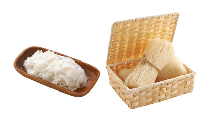 chinese dry noodle in wooden tray on white background