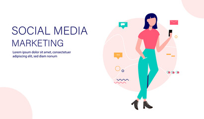 Social marketing landing page template. Woman with smartphone and social media icons. Vector illustration.