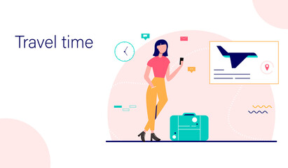 Landing page template. Woman traveler waiting for departure. Waiting room interior. Vector illustration.