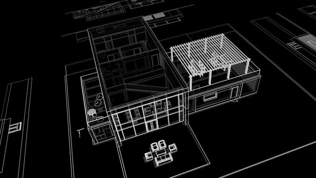 modern house architectural drawings on black background 3d rendering
