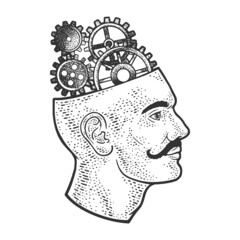 Gears in head abstract line art sketch engraving vector illustration. T-shirt apparel print design. Scratch board imitation. Black and white hand drawn image.