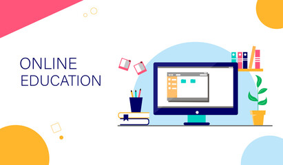 Online training landing page template. illustration of a working interior with a computer, books, houseplant. Perfect for app and website design.