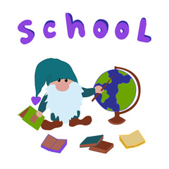 The School Gnome is engaged in a geography lesson with a globe. Back to school. Vector cartoon illustration about education.