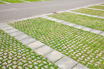Grey concrete flooring blocks assembled on a substrate of sand with grass - type of flooring permeable to rain water as required by the building laws used for sidewalks and parking areas - Powered by Adobe