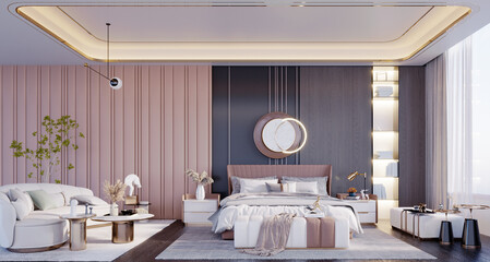 3d rendering,3d illustration, Interior Scene and  Mockup,The hotel bedroom has a living room, a white sofa, a center table, golden legs, and a red-brown bed, with slatted walls leather wallpaper.