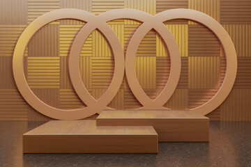 3D rendering wood Stage display platform.concept 3d product present cosmetic mockup.