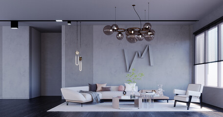 3d rendering,3d illustration, Interior Scene and  Mockup,Loft style living room white sofa and armchair dark wood floor Chanderia hanging from the ceiling in golden tea color.