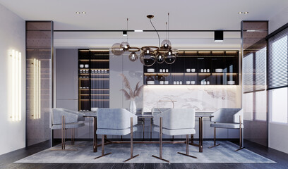 3d rendering,3d illustration, Interior Scene and  Mockup,Food preparation and dining area decorated with golden tea glass partitions White dining set with classic brown stainless steel legs.