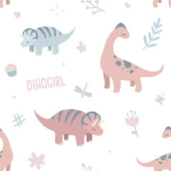 Cute lovely pink dino girl pattern. Ornament for fabric, texlile, wrapping, paper.