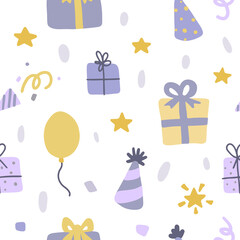 Cute hand drown birthday gift pattern, for wrapping, paper, textile, fabric.