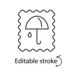 Waterproof material label outline icon. Rain cover. Fabric feature. Textile industry