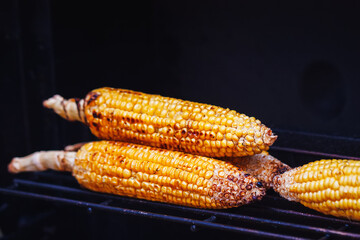 Preparing of grilled corn on cobs, vegetarian food, bbq. Food cooking outdoors
