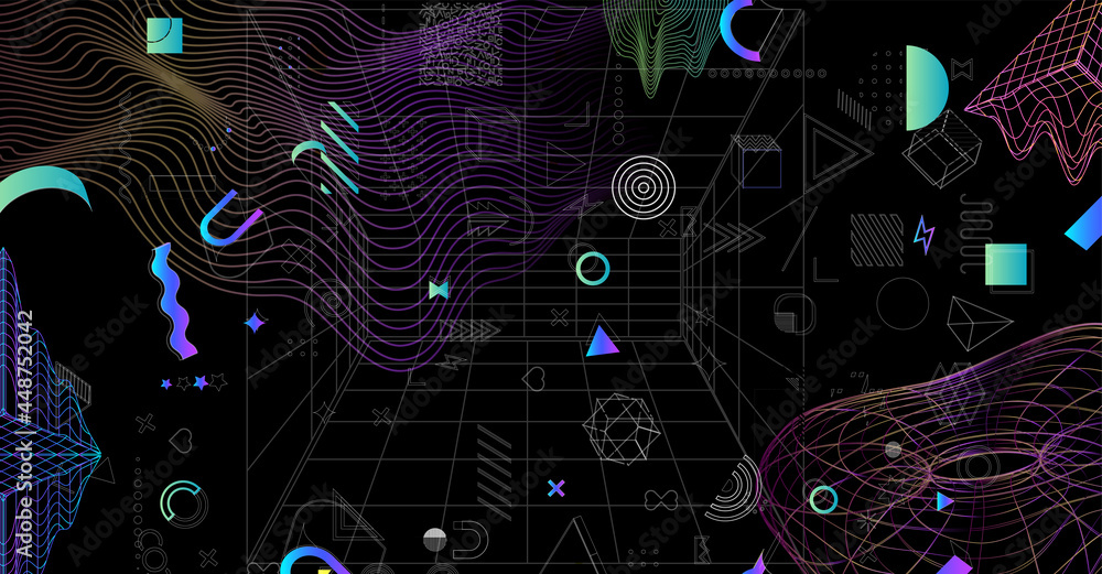 Fototapete Dynamic textured geometric elements design. odern Gradient abstract wireframe background universal trendy shapes, with glitch effects. Cyberpunk retro futurism set. Can be used on posters,banner,web