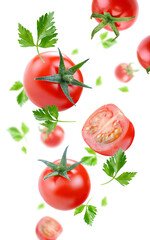 tomatoes in a group ready to use red ripe tomatoes with slice  flying on air