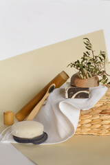 bio-degradable, compostable bamboo toothbrushes in a spa setting. Green concept, zero waste
