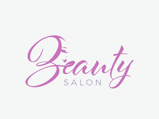 Beauty salon logo.Elegant makeup woman face and wordmark isolated on light fund.Profile view lady portrait.Pink lipstick and long eyelashes.Cosmetics and spa business.Calligraphy style lettering.