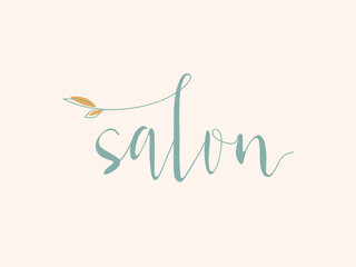 Salon word mark logo. Calligraphic lettering text. Lowercase alphabet initials isolated on light background. Decorative leaf. Handwriting style.