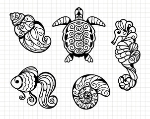 Underwater clip art with seashell, goldfish and seahorse. Sea and ocean life. Silhouette vector flat illustration. Cutting file. Suitable for cutting software. Cricut, Silhouette