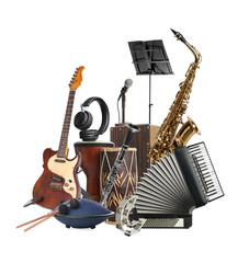 Group of different musical instruments on white background