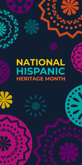 Hispanic heritage month. Vertical vector web banner, poster, card for social media. Greeting with national Hispanic heritage month text, Papel Picado pattern, perforated paper on black background.