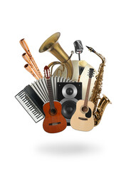 Group of different musical instruments on white background - obrazy, fototapety, plakaty