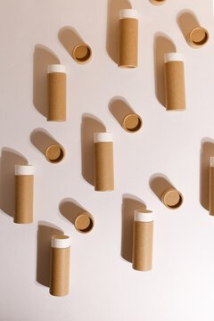 Zero Waste Lipstick packaging. Lip balm tube made of paper. Blank label mock up. Copy space for text