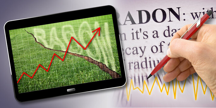 A green mowed lawn with a diagonal crack with radon gas escaping - Chart concept image with 3D render of a digital tablet