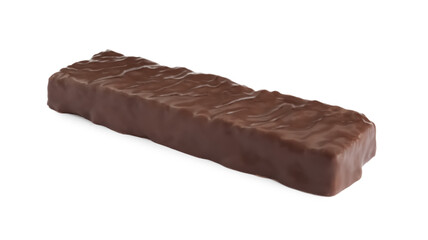 Tasty chocolate glazed protein bar isolated on white. Healthy snack