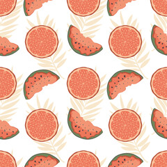 Seamless summer tropical background with slices of red watermelon and grapefruit. Printing on trendy fabrics, modern textiles, posters, decorative pillows, interior design. 