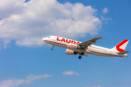 Tallinn, Estonia - June 19, 2021: LAUDA EUROPE plane Airbus A320-214 (9H-LMP) takes off from Airport of Tallinn