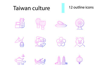 Taiwanese national customs outline icons set. Taiwanese seafood, oyster and tea. Isolated vector illustration