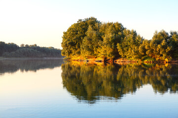 Island with green trees . Nature reflection in the water 