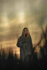Jesus Christ walks in meadow in white robe at sunset. - obrazy, fototapety, plakaty