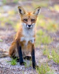 Red Fox Stock Photo. Fox Image. sitting and looking at camera with a blur foliage background in its habitat surrounding and environment. Picture. Portrait.