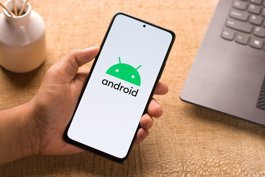 Assam, india - May 29, 2021 : Android logo on phone screen stock image.