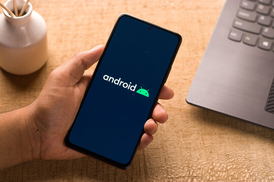 Assam, india - May 29, 2021 : Android logo on phone screen stock image.