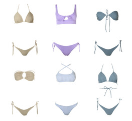 Collection of different stylish bikini on white background