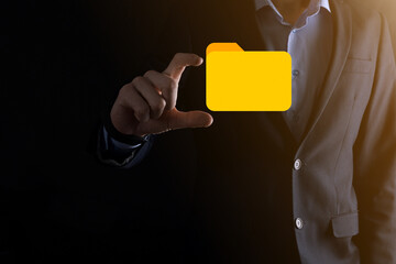 Businessman hold folder icon.Document Management System or DMS setup by IT consultant with modern...